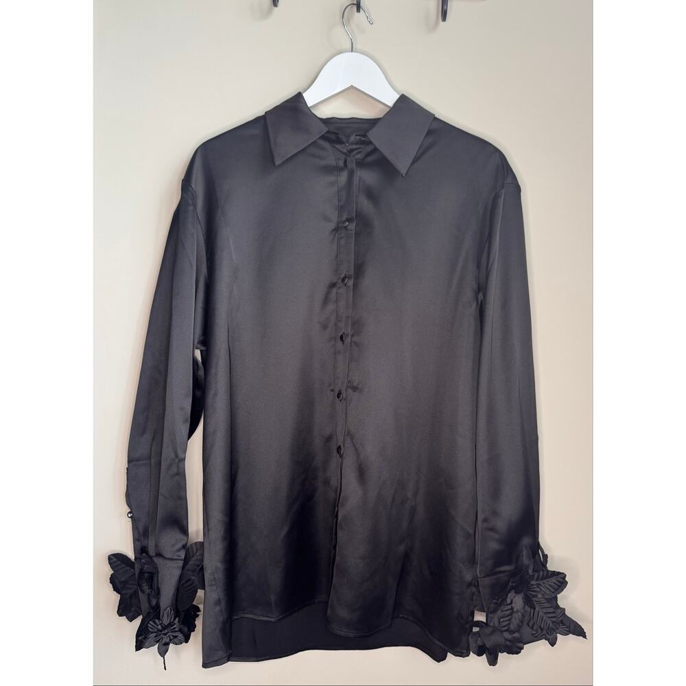 Nova Luxe Kylie Floral Applique Satin Black Shirt sz L - Picture 2 of 6